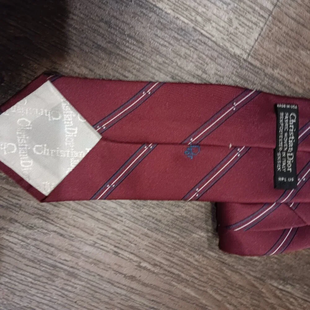 Vintage Christian Dior Designer Burgundy Brown Blue Stripe Silk Blend Tie Dad Me